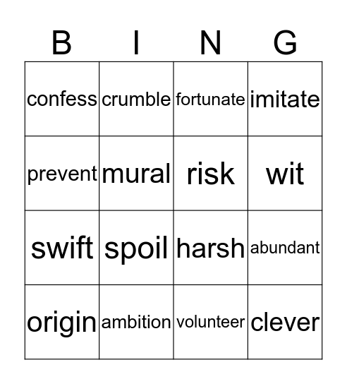 Vocabulary Bingo Card