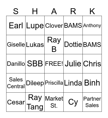 Team Sharks Bingo Card