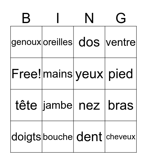 Les parties du corps Bingo Card