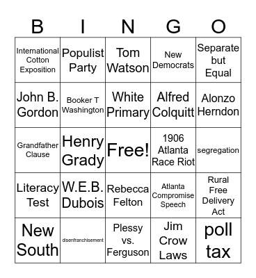 The New South Bingo Card
