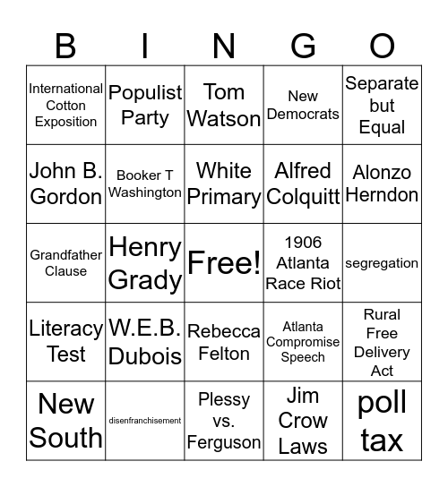 The New South Bingo Card