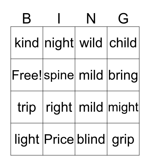 Long I Bingo Card