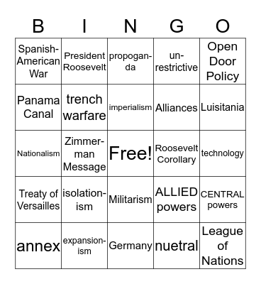 WWI Bingo Card