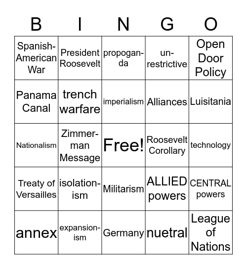 WWI Bingo Card