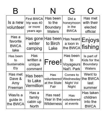 Save the Boundary Waters Vol BINGO Card