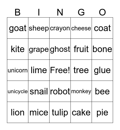 Long Vowel Bingo Card