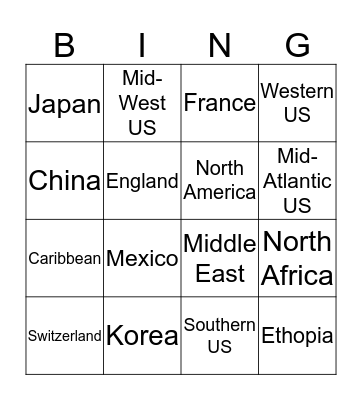 Food and where it is from Bingo Card