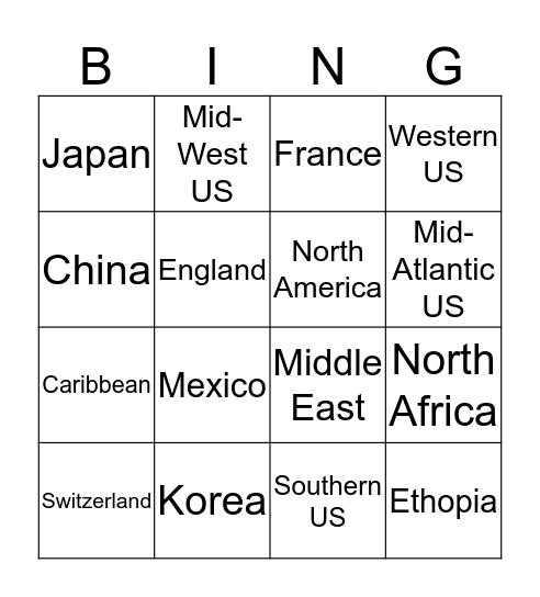 Food and where it is from Bingo Card