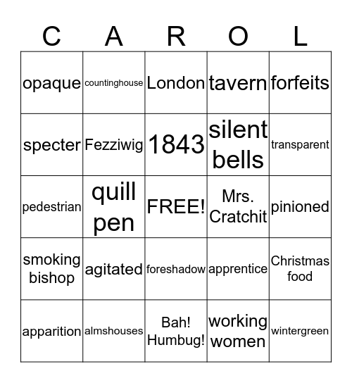 A Christmas CAROL Bingo Card