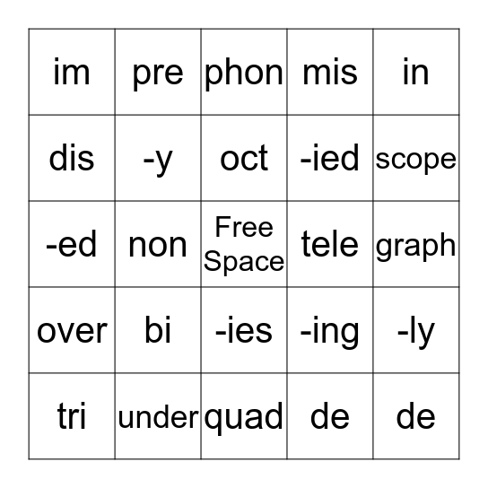 Prefix/Suffix/Root Bingo Card