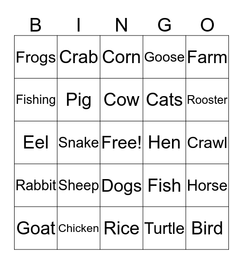 Animals Bingo Card