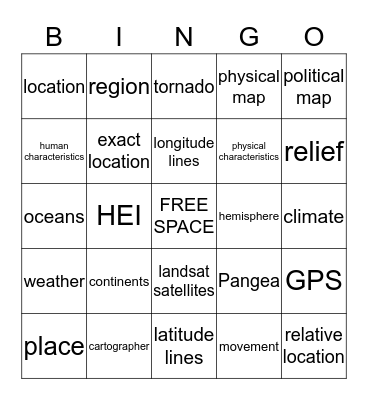 Basic Geography Review Bingo Card