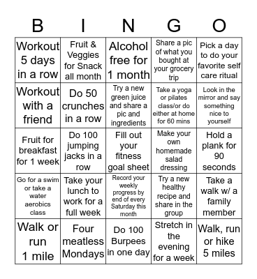 Regina's Journae to 50 Health & Wellness Challenge Bingo Card