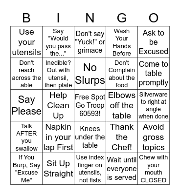 Table Manners Bingo Card