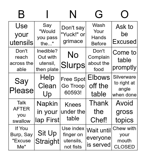 Table Manners Bingo Card