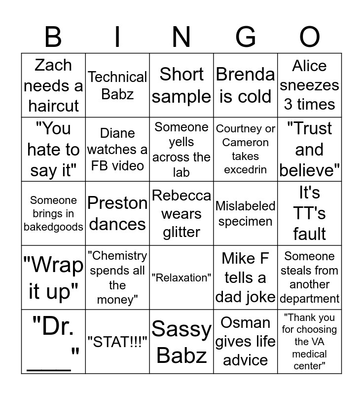 VA Laboratory Bingo Card
