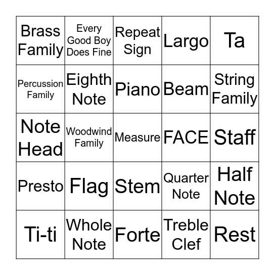 Music Notation Bingo Card