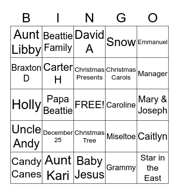 2013 Beattie Family Christmas Bingo Card