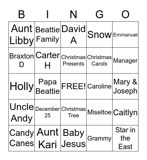 2013 Beattie Family Christmas Bingo Card