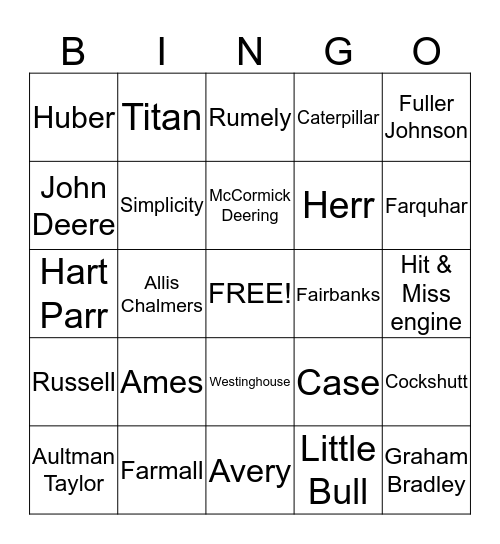 Tractor Bingo Card