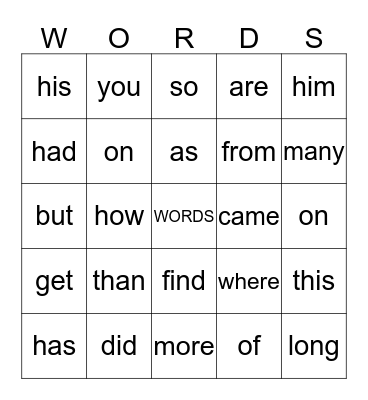 Sight Words Bingo  Bingo Card