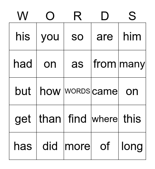 Sight Words Bingo  Bingo Card