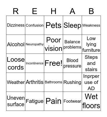 FALL PPREVENTION Bingo Card