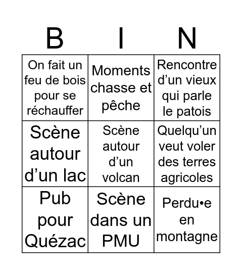 Voyage en Auvergne Bingo Card