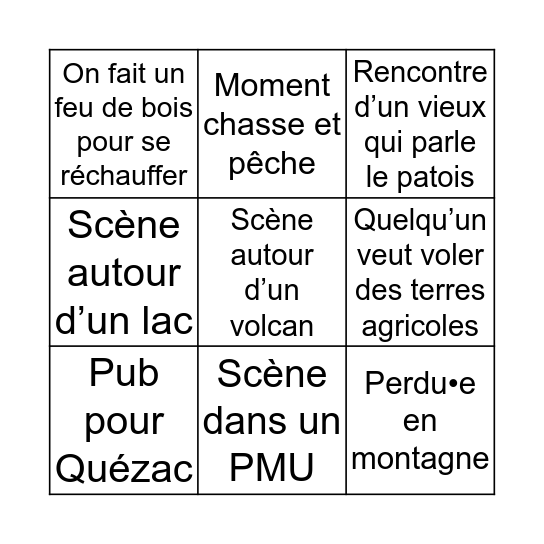 Voyage en Auvergne Bingo Card