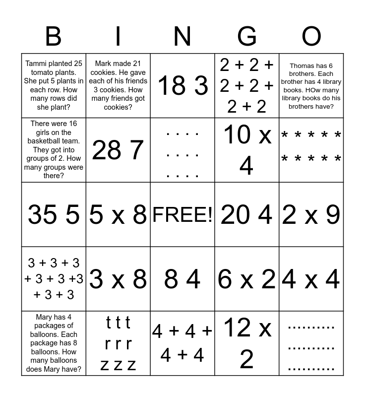 Multiplying and Dividing Bingo Card