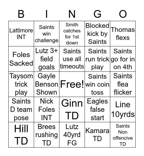 Saints Playoffs Bingo Card