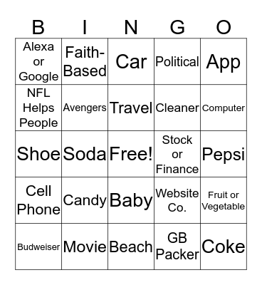 Superbowl Commercial Bingo Card