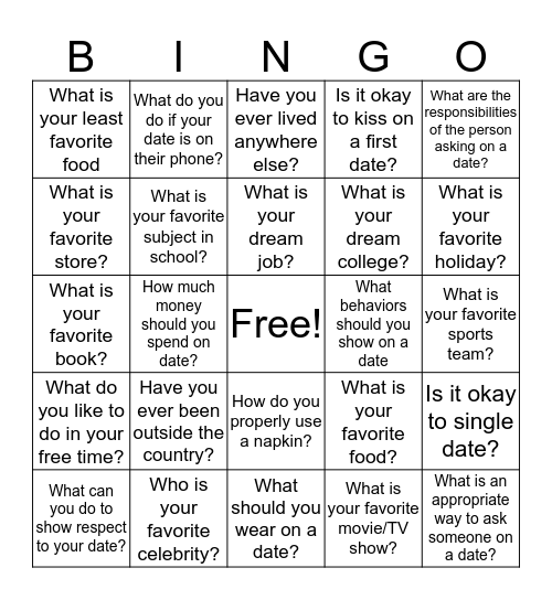 Dating Etiquette Bingo Card