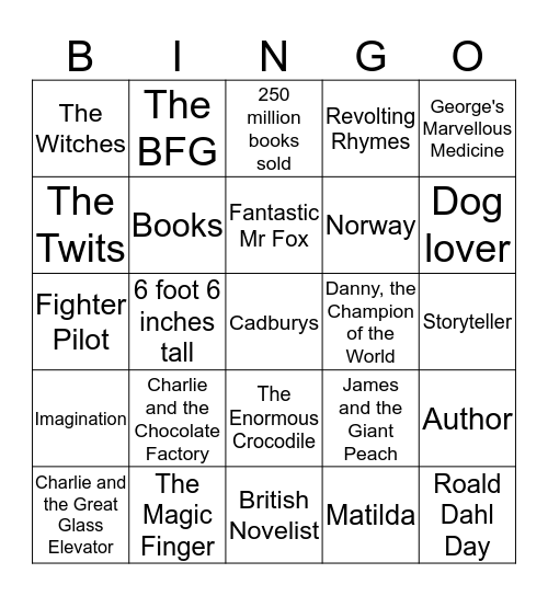 Roald Dahl Bingo Card