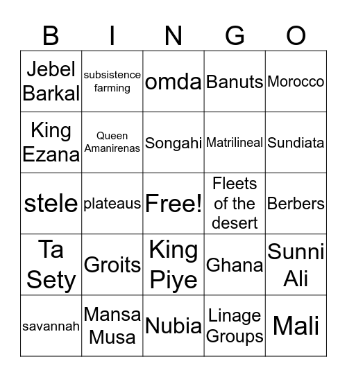 Ancient Africa Bingo Card