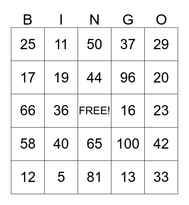 Mental Math Bingo Card