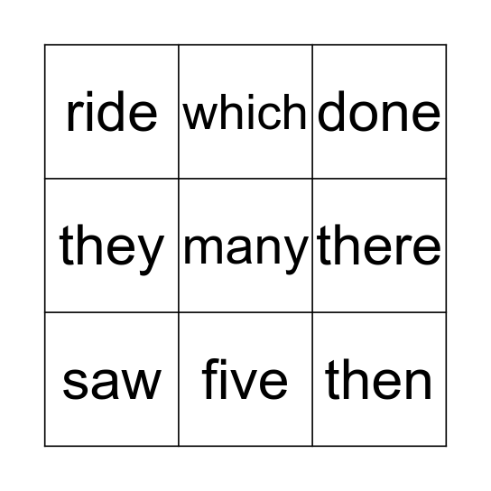 Sight Word Bingo Card