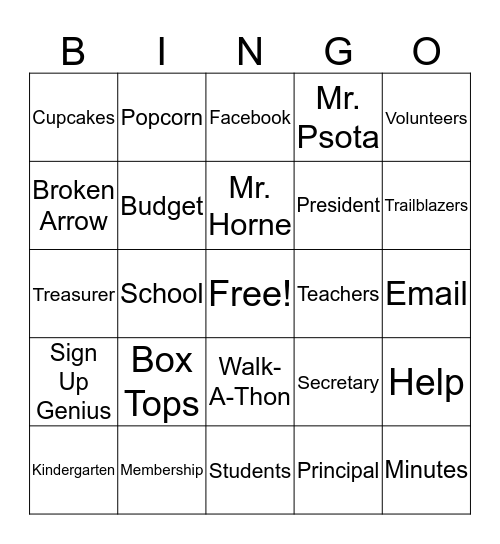 PTA Bingo! Bingo Card
