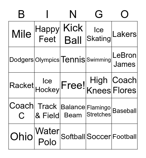 P.E. Bingo Card