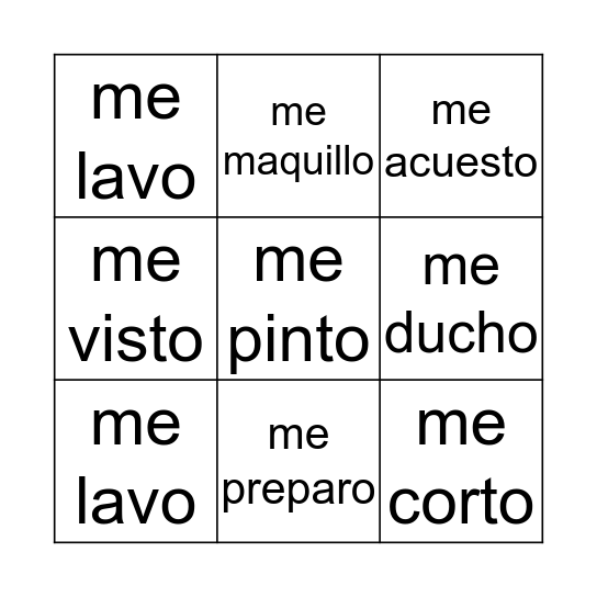 Reflexive verbs in the YO form! Bingo Card