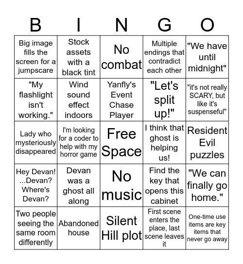 RPG Maker Horror Game Bingo Card