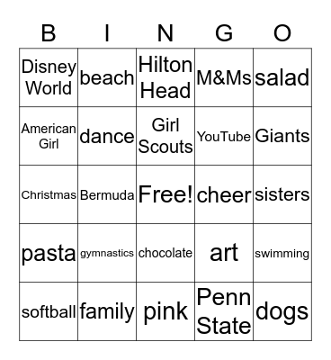Megan's 11th Birthday Bingo Card