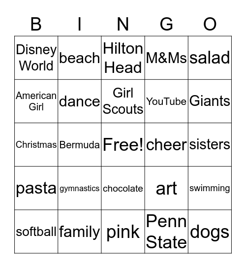 Megan's 11th Birthday Bingo Card