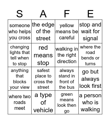 Road Safety Bingo Card