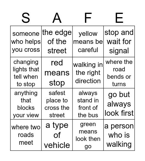 Road Safety Bingo Card