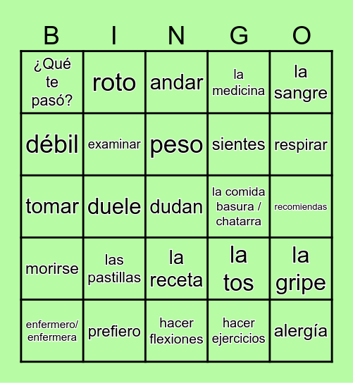 Español 3, Unidad 5 - Salud Bingo Card