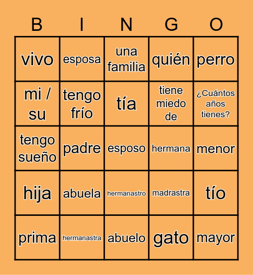 Español 1, Unidad 5 - Familia Bingo Card