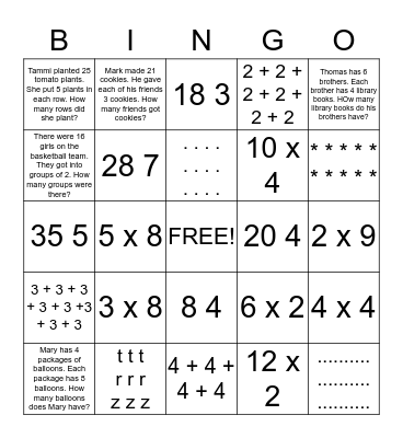 Multiplying and Dividing Bingo Card