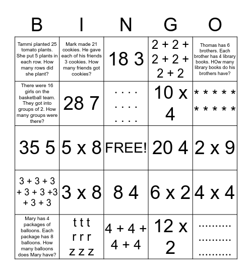 Multiplying and Dividing Bingo Card