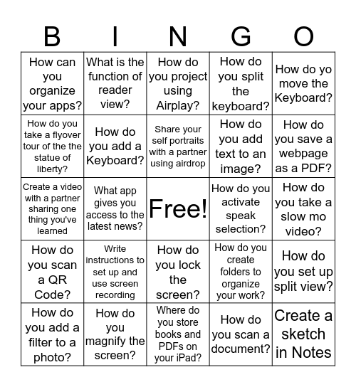 iPad Fundamentals Bingo Card
